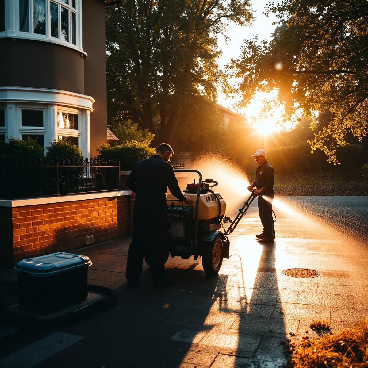 Pressure washing team preparing equipment at dawn